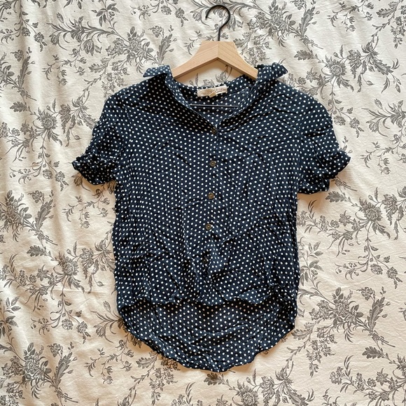 Rewind Tops - Rewind Navy Polka Dot Button Crop Top